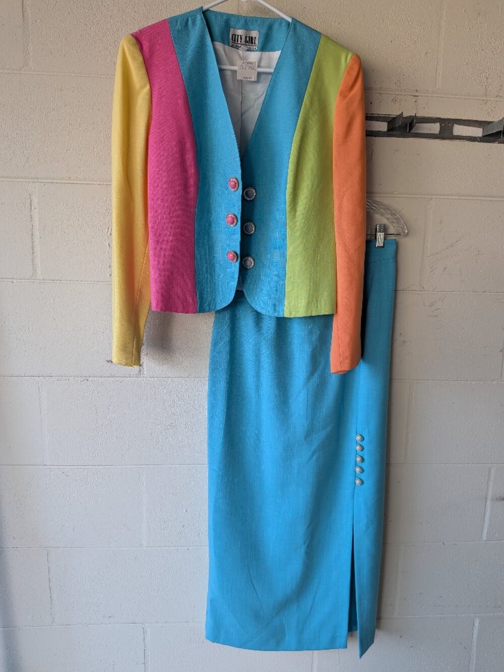 Vintage City Girl Nacy Bolen skirt suit set colorblock blazer with Skirt